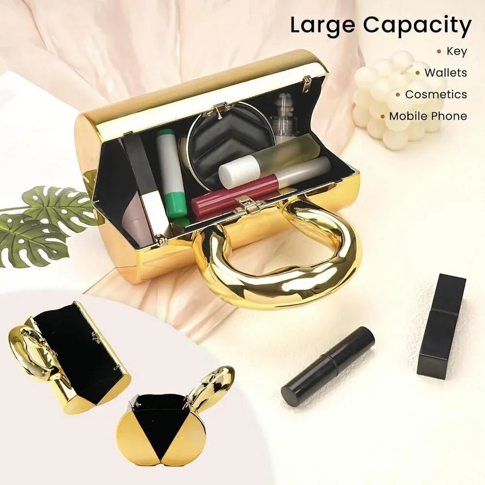 Women's Barrel Acrylic Clasp Removable Strap Lift Up Lock Gold Clutch Purse